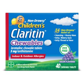 Claritin Children\'s Allergy Medicine, 24-Hour Non-Drowsy Loratadine 5mg Chewable Tablet, Antihistamine for Kids Ages 2 Years and Older, Grape Flavored, 40 tablets