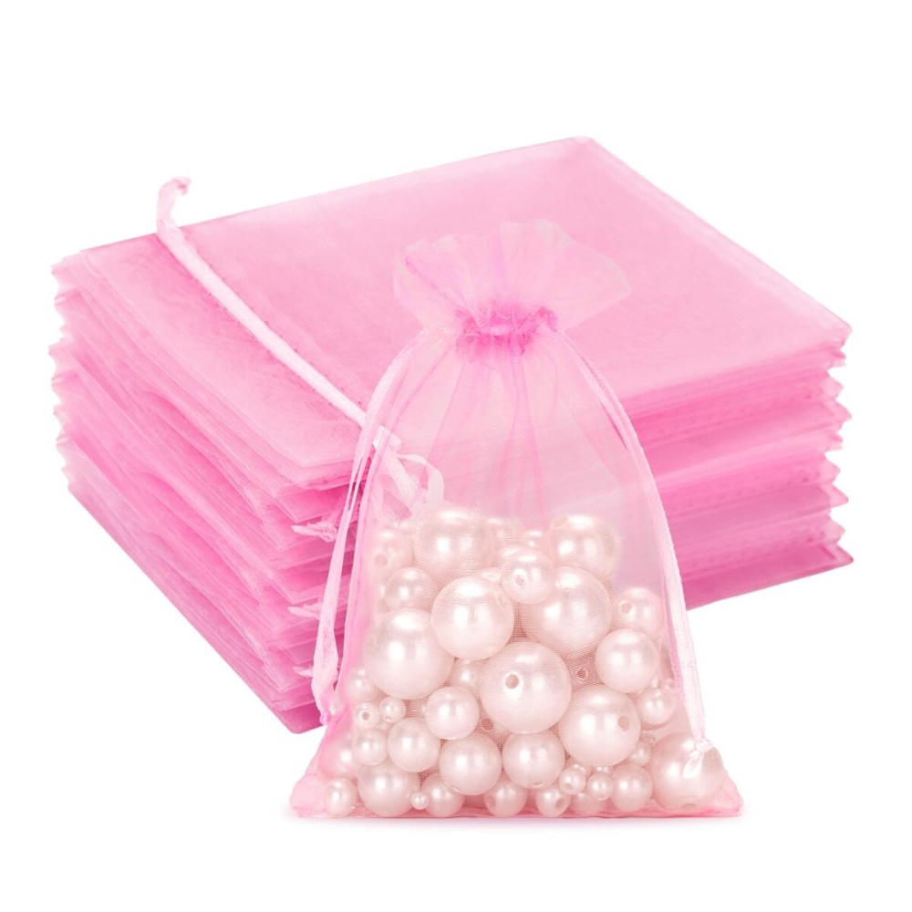 G2PLUS Organza Bags 46 Inches, 100PCS Pink Organza Gift Bags with Drawstring, Sheer Mesh Jewelry Pouches, Sheer Candy Bag for Christmas, Wedding Party Favors