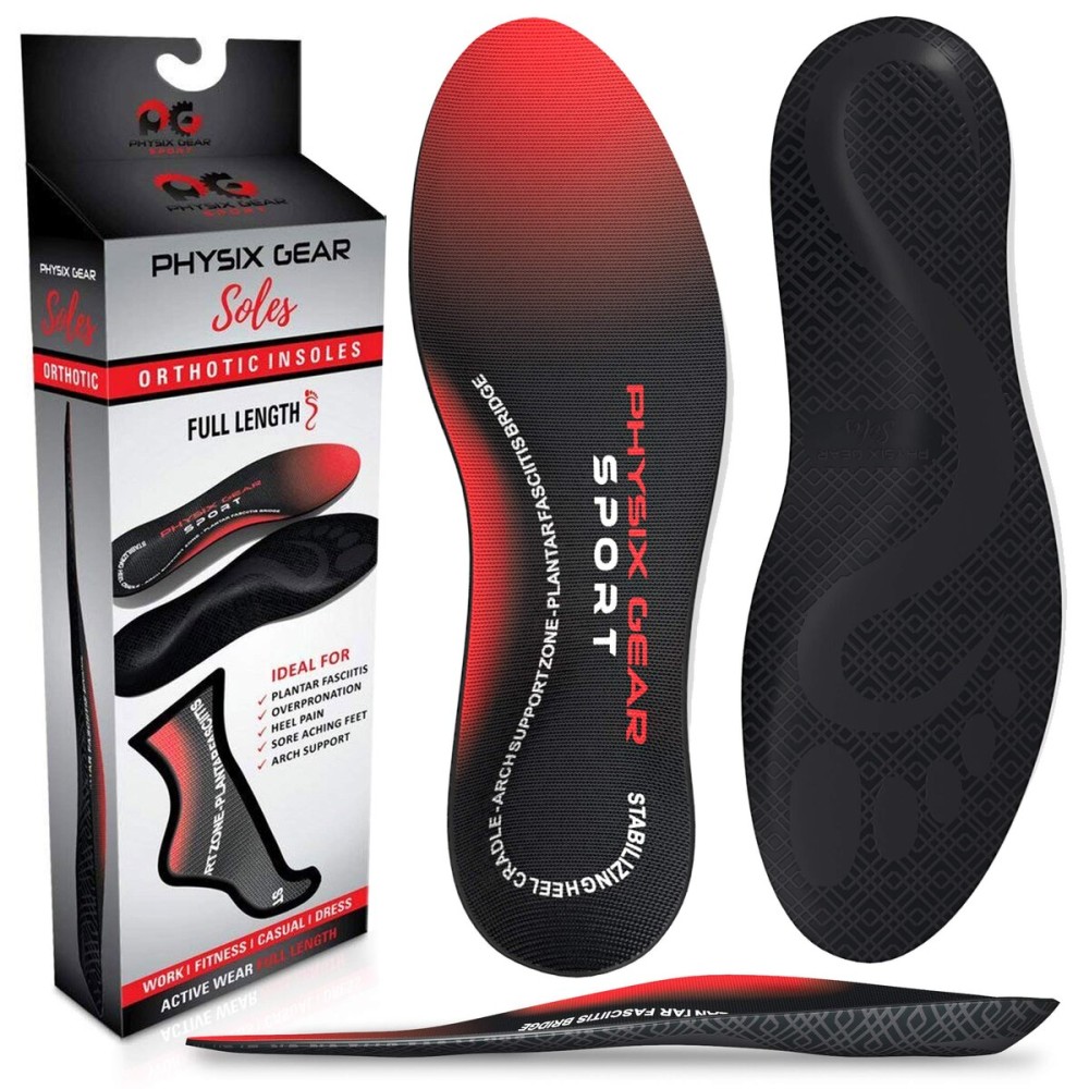 Physix Gear Orthotic Insoles for Men & Women - Arch Support Orthotics Insole, Orthopedic Insoles, Inserts for Men & Women, Foot Insoles for Plantar Fasciitis Comfort, Shoe Insert, Feet, Red/Black, L
