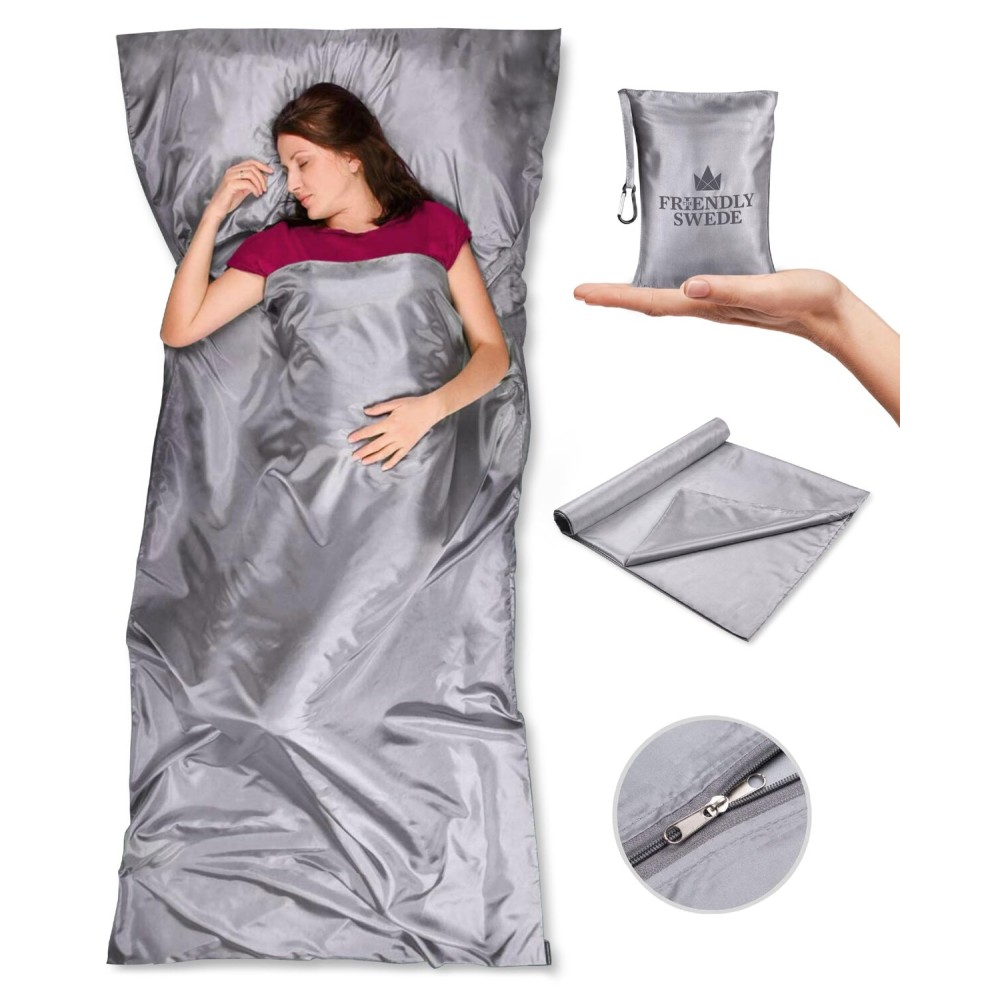 The Friendly Swede Sleeping Bag Liner Ultralight - Thin Travel Sheets for Hotel w Full Length Zipper; Silky Feel Camping Sheets & Adult Sleep Sack for Backpacking; Travel Sleeping Bag - Grey (Zipper)