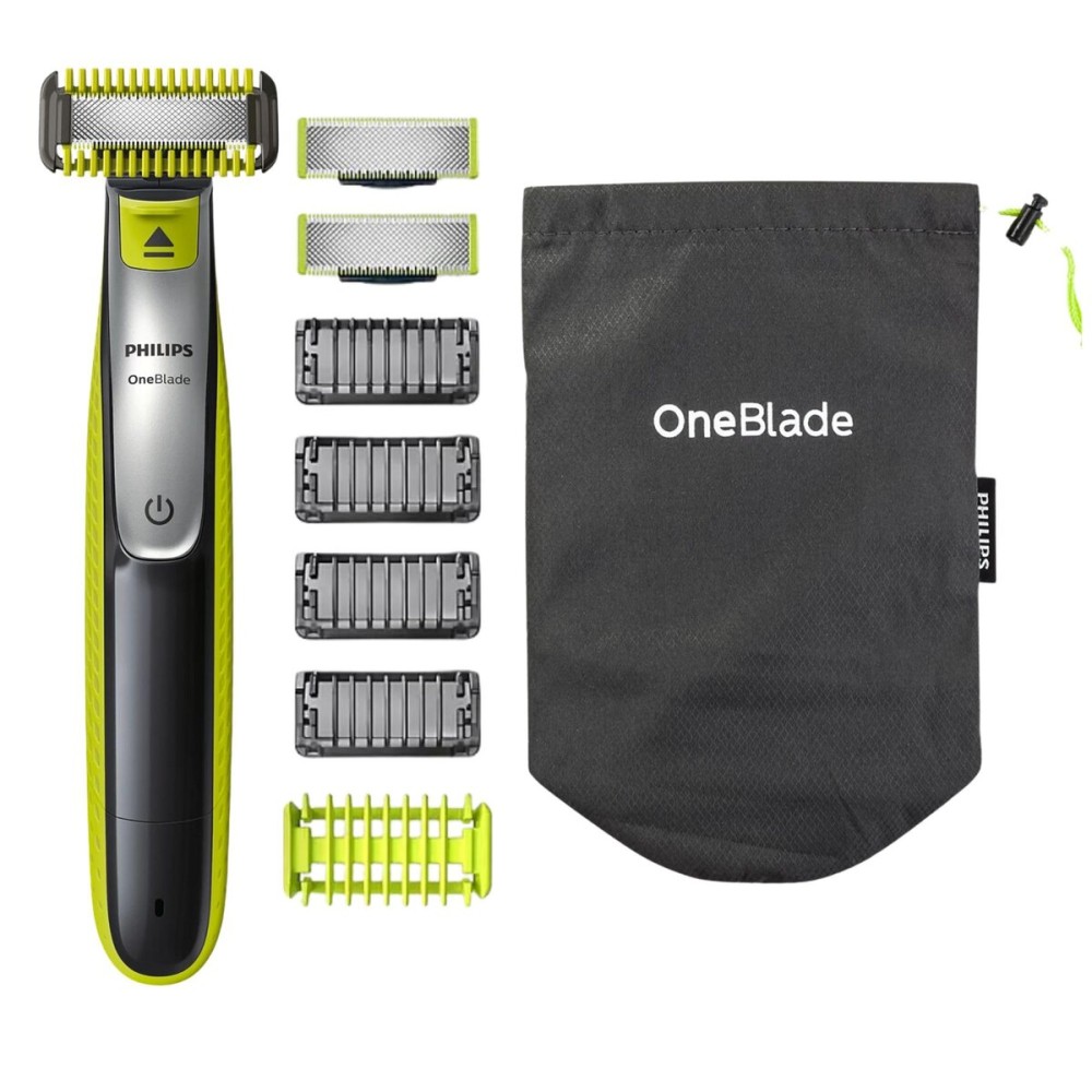 Philips OneBlade Hybrid Body and Face Stubble Trimmer with 4 x Lengths, 2 Extra Blade and Travel Pouch,