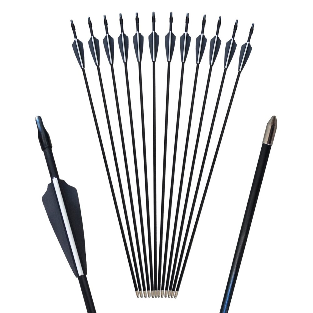 GPP 28 Fiberglass Archery Target Arrows - Practice Arrow or Youth Arrow for Recurve Bow - 12 Pack,Black Vanes