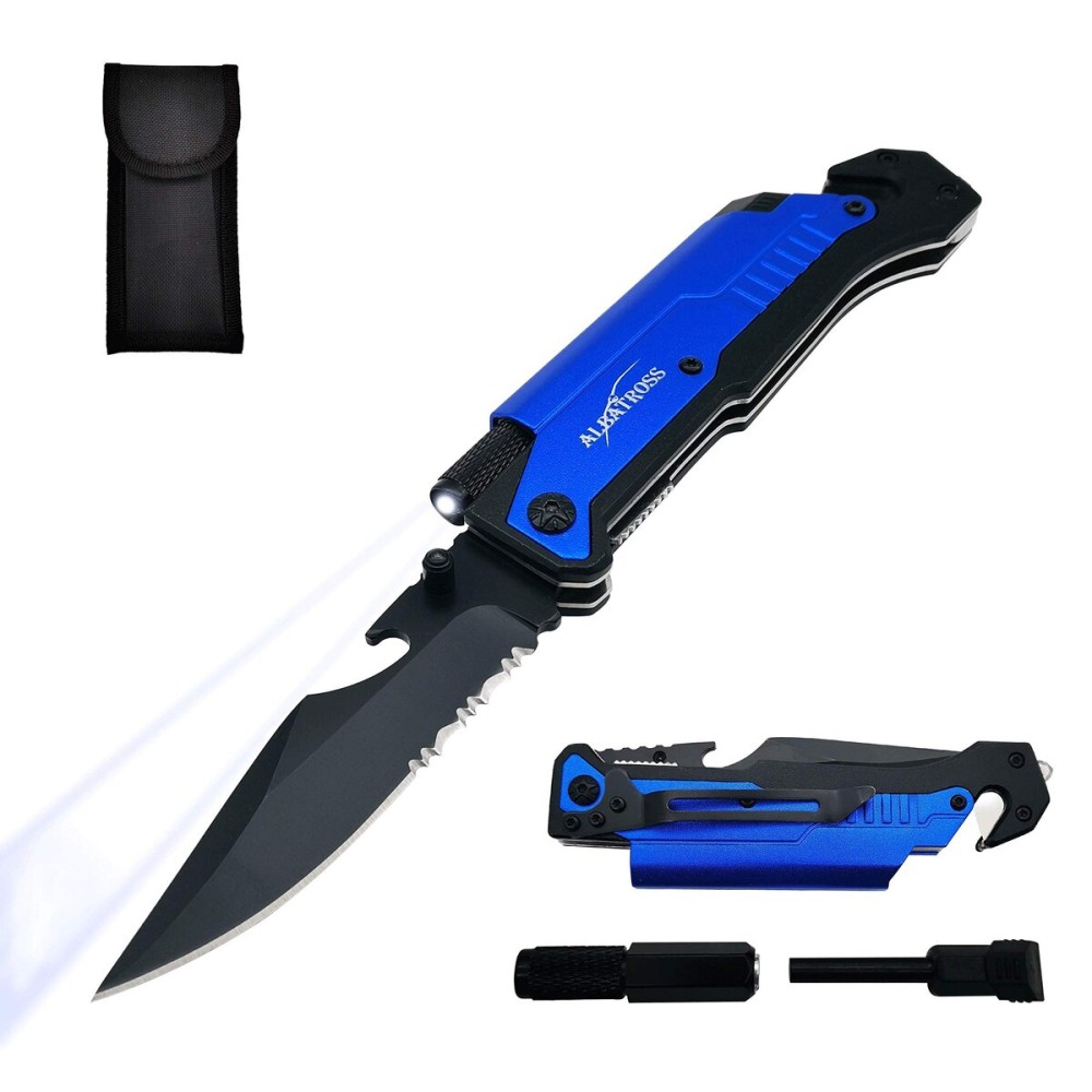 ALBATROSS 6-in-1 Survival Tactical Military Folding Pocket Knives with LED Light,Seatbelt Cutter,Glass Breaker,Magnesium Fire Starter,Bottle Opener;Multi-Function Emergency Tool(Blue)