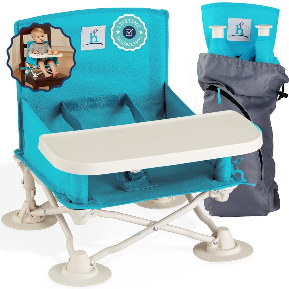 Hiccapop OmniBoost Travel Booster Seat with Tray for Baby | Folding Portable Seat for Dining Table, Camping, Beach, Grandmas | Tip-Free Design Straps to Kitchen Chairs