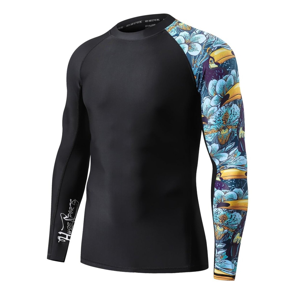 HUGE SPORTS Men\'s Splice UV Sun Protection UPF 50+ Skins Rash Guard Long Sleeves(HeyToucan, XL)