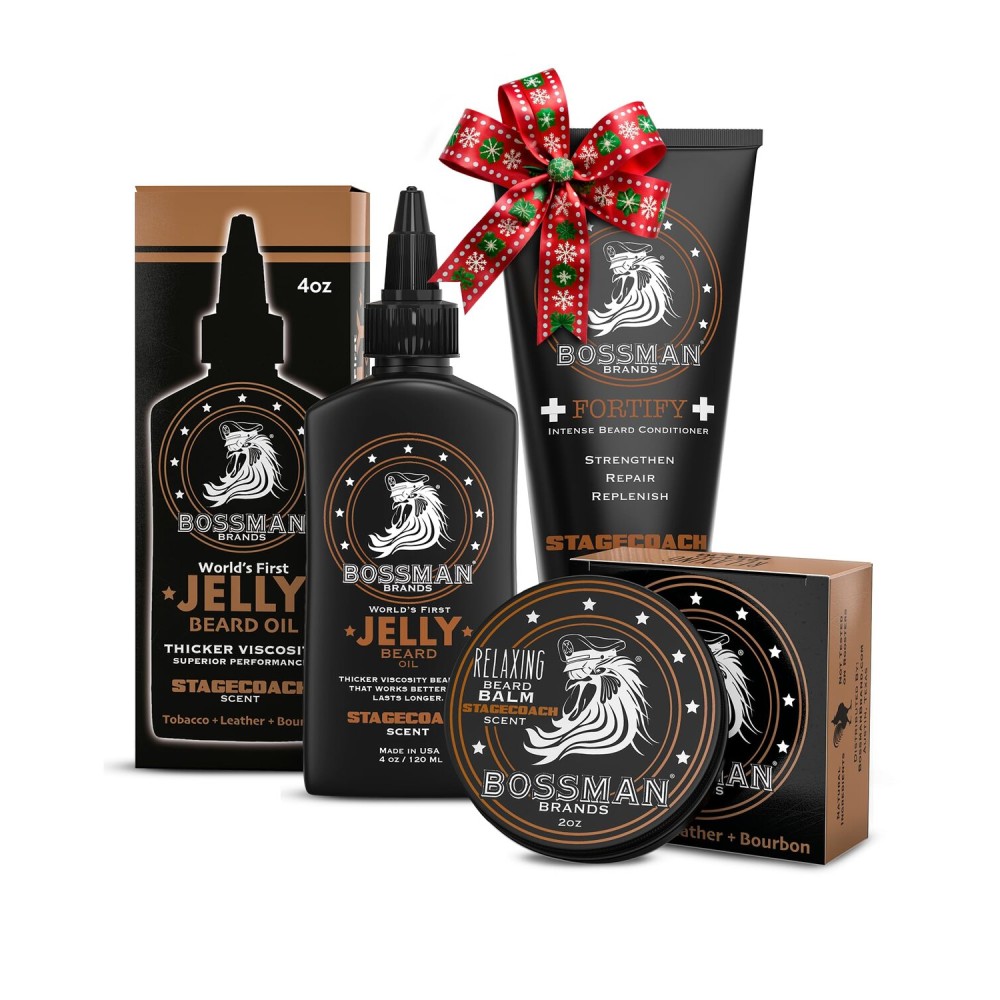 Bossman Essentials Beard Kit for Men, Set of 3 - Beard Oil Jelly, Fortifying Conditioner Cream, Beard Balm - Grooming Growth Care Accessories - Gift Set for Men (Stagecoach)