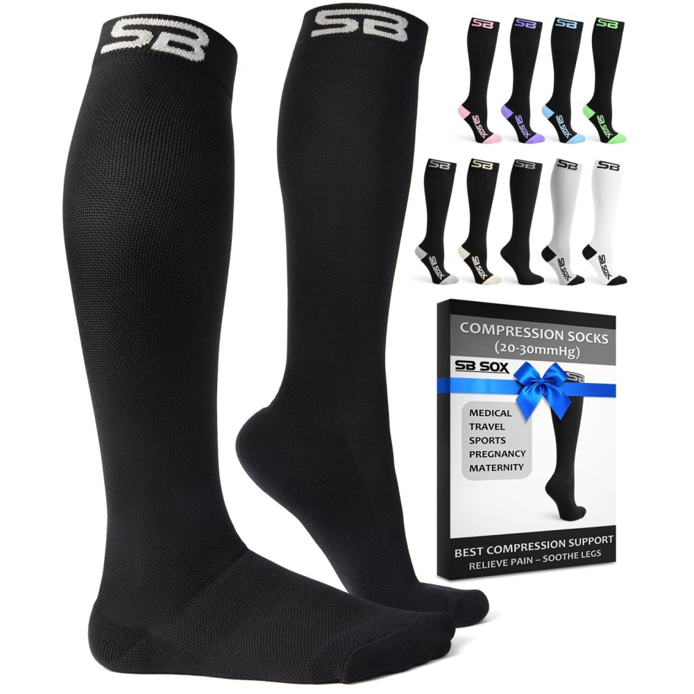 SB SOX Compression Socks for Men & Women (20-30 mmHg) - Best Support Stockings for Travel, Medical, and Sports - Perfect for Everyday Wear (Medium, Solid Black)