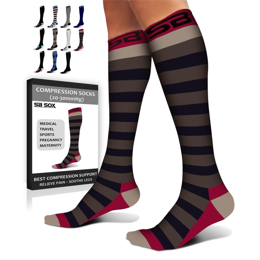 SB SOX Compression Socks for Men & Women (20-30 mmHg) - Best Support Stockings for Travel, Medical, and Sports - Perfect for Everyday Wear (Small, Stripes-Gray/Purple)