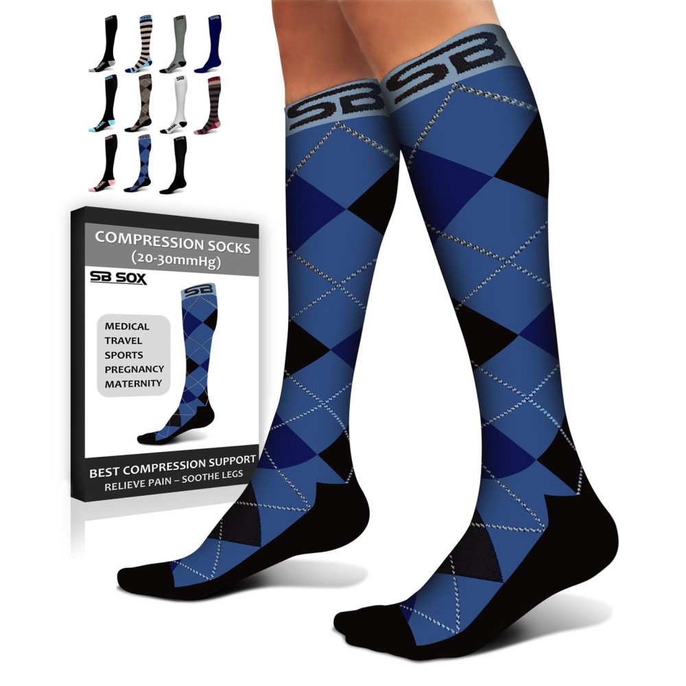 SB SOX Compression Socks for Men & Women (20-30 mmHg) - Best Support Stockings for Travel, Medical, and Sports - Perfect for Everyday Wear (X-Large, Dress-Blue Argyle)