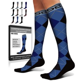 SB SOX Compression Socks for Men & Women (20-30 mmHg) - Best Support Stockings for Travel, Medical, and Sports - Perfect for Everyday Wear (X-Large, Dress-Blue Argyle)