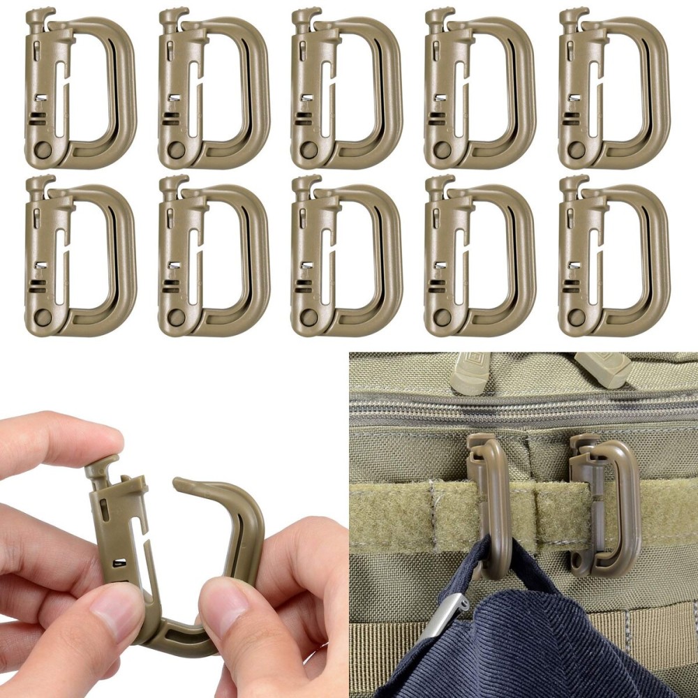 10 Pack Multipurpose D-Ring Grimlock Locking for Molle Webbing with Zippered Pouch by BOOSTEADY (Brown)