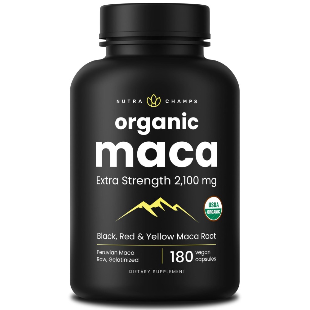 NutraChamps USDA Organic Maca Root Capsules for Women & Men, 2100mg, 180 Capsules, Black, Red & Yellow, Peruvian Maca Peruana, Extra Strength Pure Premium Gelatinized Root Powder Supplement