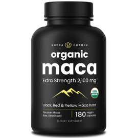 NutraChamps USDA Organic Maca Root Capsules for Women & Men, 2100mg, 180 Capsules, Black, Red & Yellow, Peruvian Maca Peruana, Extra Strength Pure Premium Gelatinized Root Powder Supplement