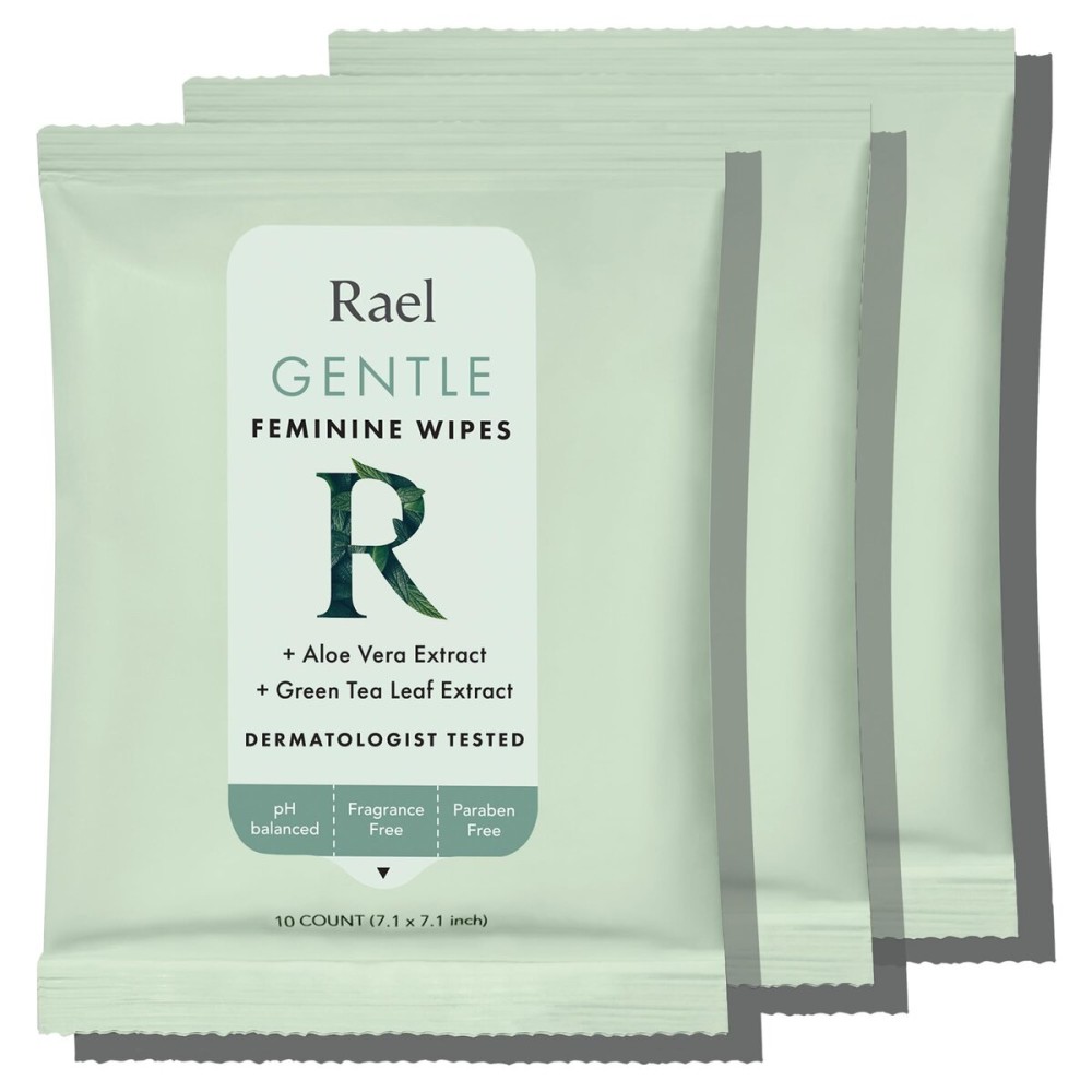 Rael Feminine Wipes, Flushable, Travel Size, All Skin Types, Daily Use (10 Count, Pack of 3)