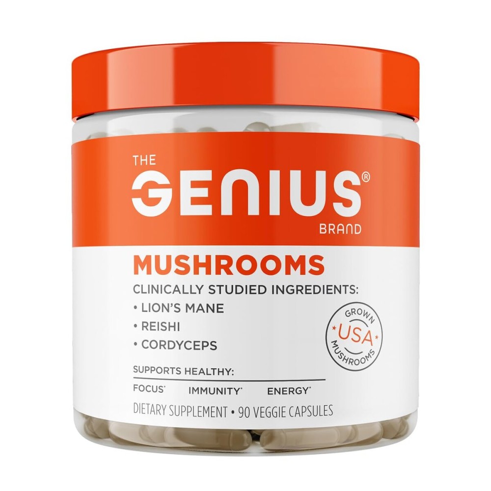The Genius Brand Genius Mushrooms - Plant-Based Supplement for Immune, Focus & Energy Support - Lion\'s Mane, Cordyceps & Reishi - Organic & Non-GMO - 90 Veggie Capsules
