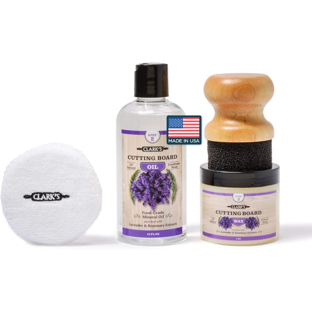 CLARKS Cutting Board Oil and Wax Kit - Set includes Food Grade Mineral Oil (12oz), Finishing Wood Wax (6oz), Applicator Sponge & Buffing Pad, Enriched with Food Safe Lavender and Rosemary Extract