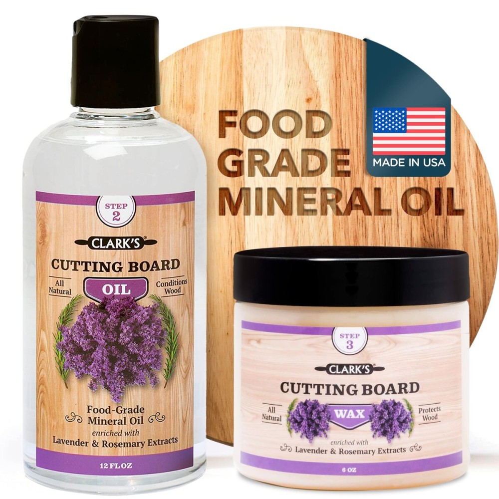 CLARK\'S Food Grade Mineral Oil (12oz) and Carnauba Wax (6oz) Set - 100% Natural Butcher Block Oil and Cutting Board Wax - Food Safe Beeswax and Wood Cutting Board Oil with Lavender & Rosemary Extract
