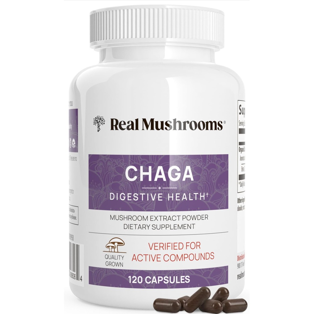 Real Mushrooms Chaga Mushroom Capsules - Organic Chaga Extract Powder with Extract Powder for Wellness & Energy Support- Vegan, Non-GMO, 120 Capsules - Organic Mushroom Supplement