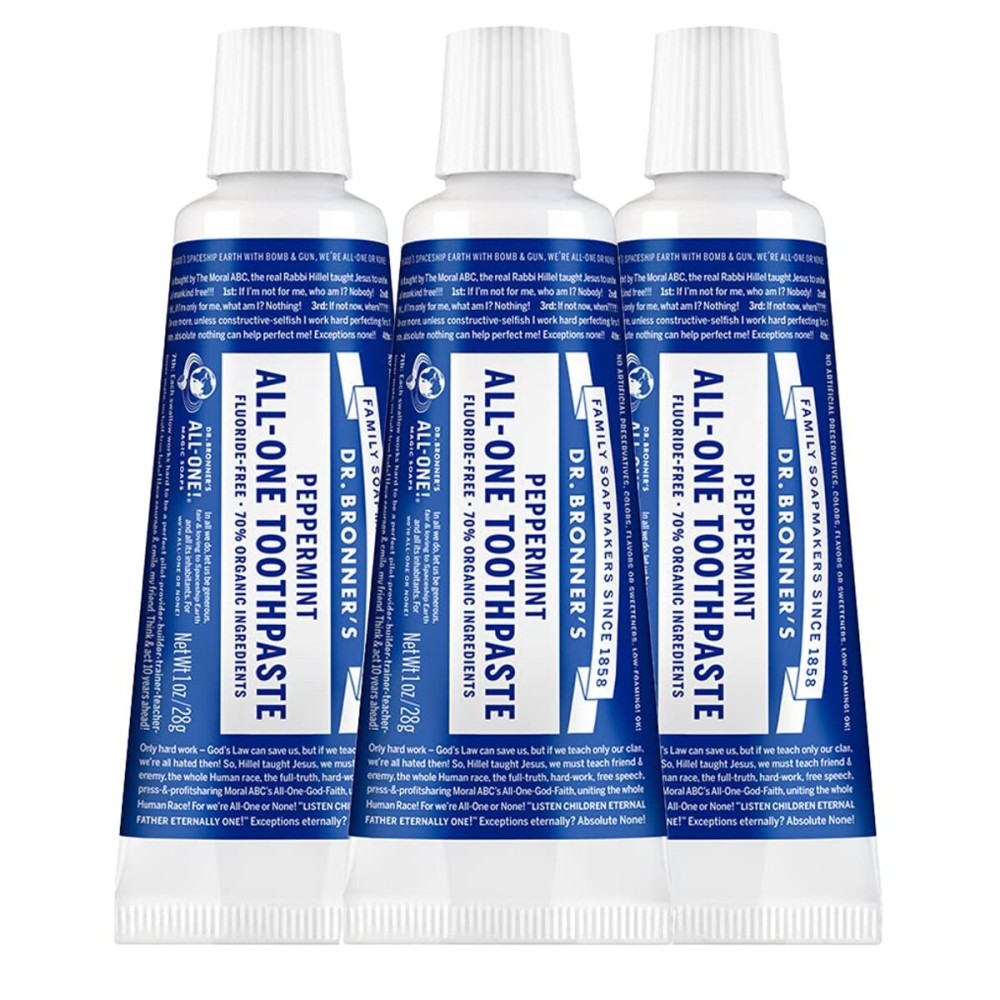 Dr. Bronners - All-One Toothpaste (Peppermint, 1 Ounce, 3-Pack) - 70% Organic Ingredients, Natural and Effective, Fluoride-Free, SLS-Free, Helps Freshen Breath, Reduce Plaque, Whiten Teeth, Vegan