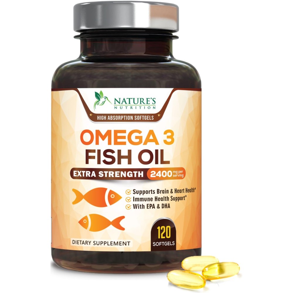 Omega 3 Fish Oil 2400 mg - Triple Strength EPA & DHA Fatty Acids for Heart, Brain & Joint Support - Wild-Caught, Burpless, Lemon Flavor Supplement - Natural, Non-GMO, Gluten-Free - 120 Softgels