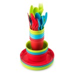 PLASKIDY Kids Plastic Dinnerware Set - 36 Pc Reusable Children\'s Dinner Set Microwave / Dishwasher Safe BPA Free Toddler Dishes Dinnerware Set Includes Kids Plates and Bowls Kids Cups & Flatware.