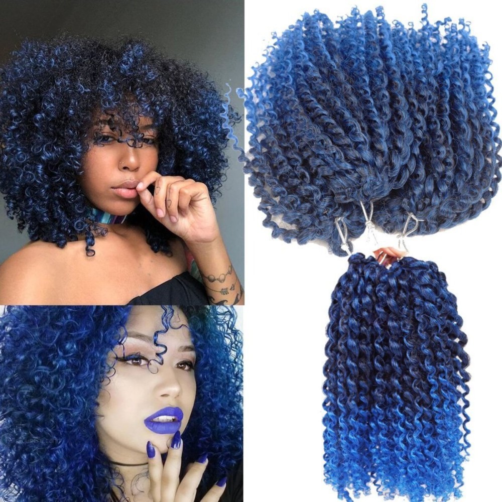Short Hair Style Kinky Curl Ombre Color Blue 8Inch 3little pcs/pack Afro Kinky Twist Hair Crochet Braids Soft Synthetic Crochet Hair Extention(1B/BLUE)