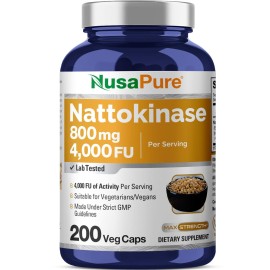 NusaPure Nattokinase 4000 FU 800mg, 200 Veggie Capsules (Vegan, Non-GMO)