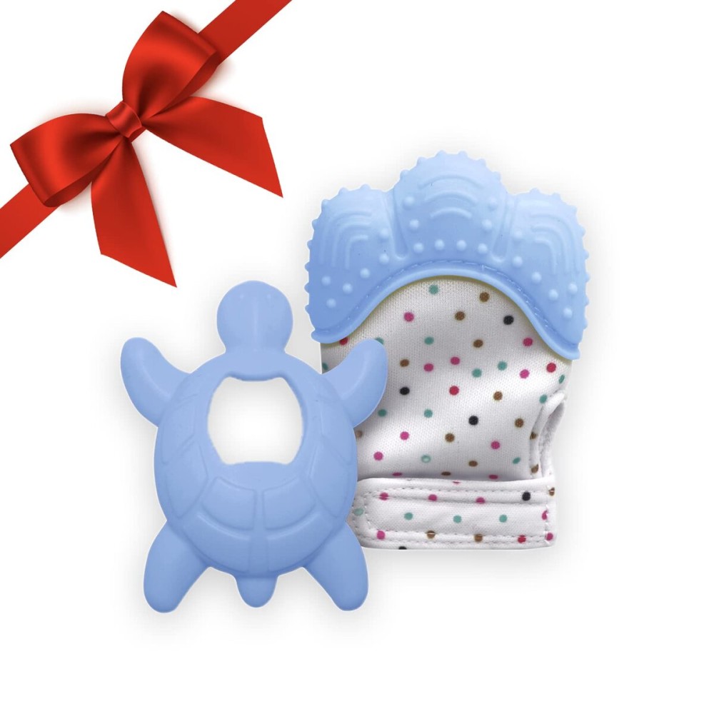 Liname 2 Pack Teething Mitten with Soothing Toy - Baby Chew Toy and Teething Glove- Infant Teething Mitten Crinkle Sound and Textured Silicone to Soothe Sore and Swollen Gums