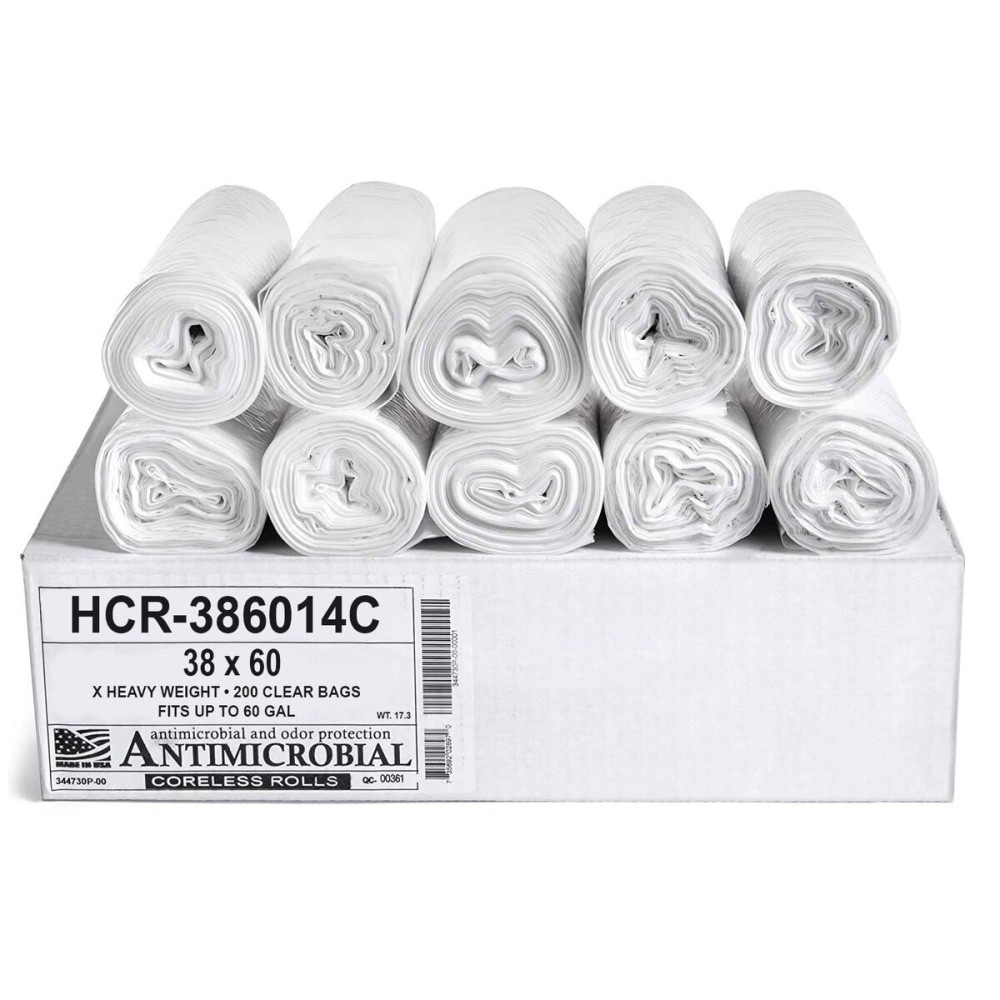 Aluf Plastics High Density Trash Bags, 60 Gallon, 200 Count, 14 Micron (eq), 38 x 60, Clear, for Bathroom, Office, Industrial, Commercial, Janitorial, Municipal, Recycling