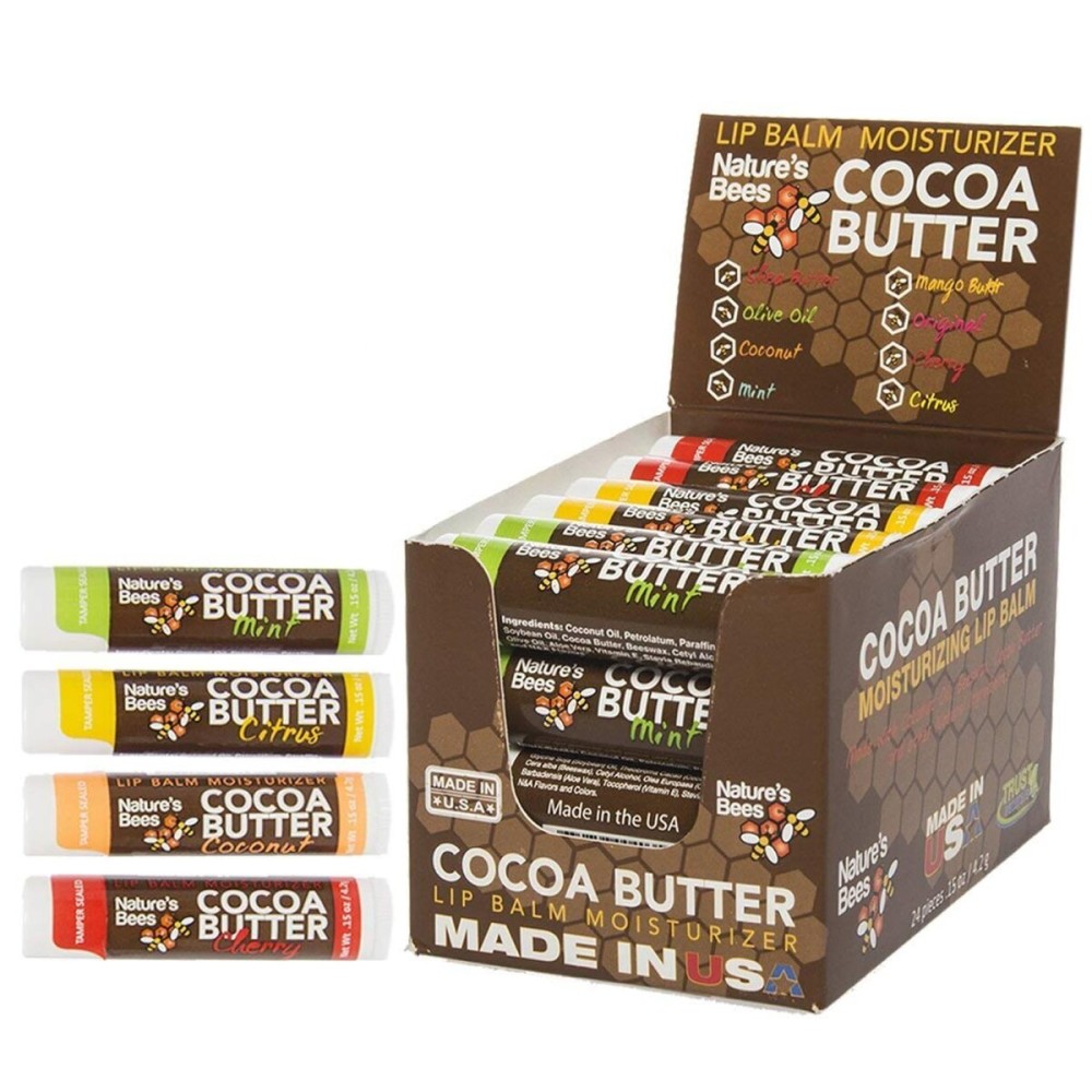 Nature\'s Bees Lip Balm, Bulk Lip Care Pack for Dry, Cracked Lips, Made in the USA with Natural Ingredients, 0.15 oz Each, 8 Flavors, 24 Pack