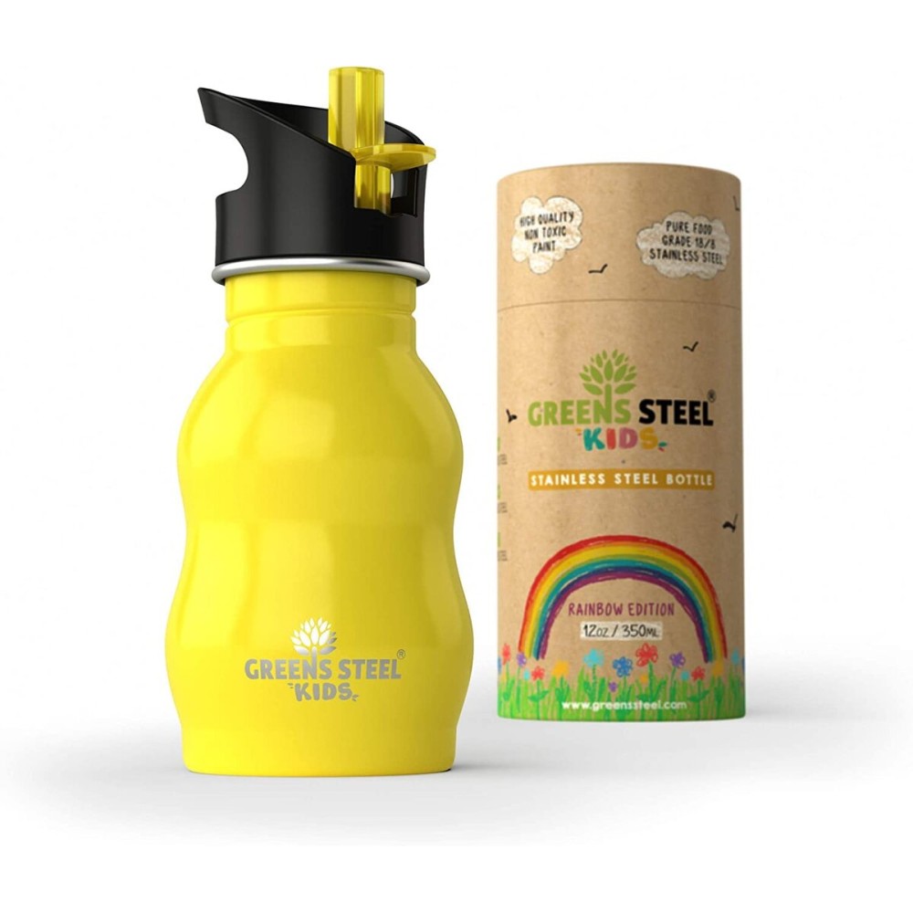 Kids Water Bottle with Straw & Handle, 12 oz, Yellow - Eco Friendly Toddler Cups with Straws - Easy Sip Metal Water Bottle for Kids - Cute Stainless Steel Water Bottles for Children - Leak Proof Lid