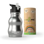 Kids Water Bottle with Straw & Handle, 12 oz Silver- Eco Friendly Toddler Cups with Straws - Easy Sip Metal Water Bottle for Kids - Cute Stainless Steel Water Bottles for Children - Leak Proof Lid