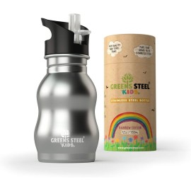 Kids Water Bottle with Straw & Handle, 12 oz Silver- Eco Friendly Toddler Cups with Straws - Easy Sip Metal Water Bottle for Kids - Cute Stainless Steel Water Bottles for Children - Leak Proof Lid