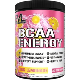 EVL BCAAs Amino Acids Powder - BCAA Energy Pre Workout Powder for Muscle Recovery Lean Growth and Endurance - Rehydrating Post Workout Recovery Drink with Natural Caffeine - Pink Lemonade