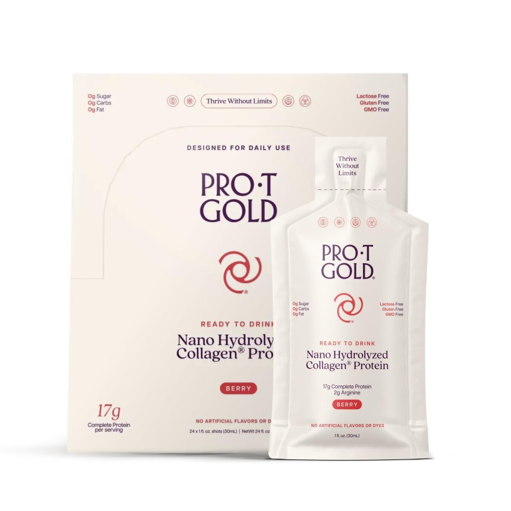 ProT Gold Liquid Collagen Protein Shot, 17g Clear Protein Nano-Hydrolyzed Grass Fed Collagen, 2g Arginine for Wound Support, Gluten Free, Sugar Free, 0g Carbs, Non GMO, Berry, 1 fl oz, 24 Pack