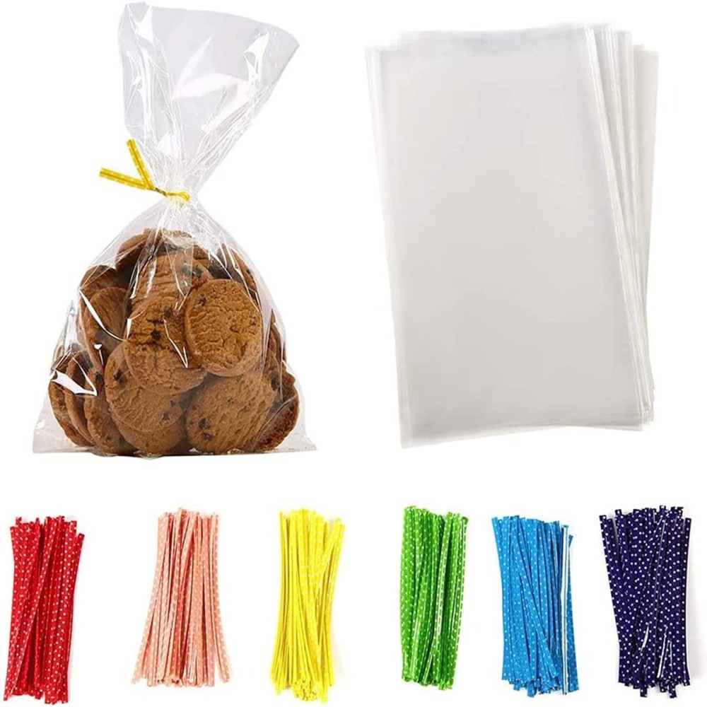 Brandon-super 100 Pcs 5 in x 7 in Clear Flat Cello Cellophane Treat Bags Good for Bakery,Popcorn,Cookies,Candies,Dessert 1.4mil.Give Metallic Twist Ties! (7x5 Inch (Pack of 100))