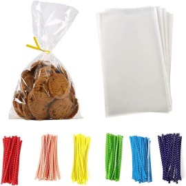 Brandon-super 100 Pcs 5 in x 7 in Clear Flat Cello Cellophane Treat Bags Good for Bakery,Popcorn,Cookies,Candies,Dessert 1.4mil.Give Metallic Twist Ties! (7x5 Inch (Pack of 100))