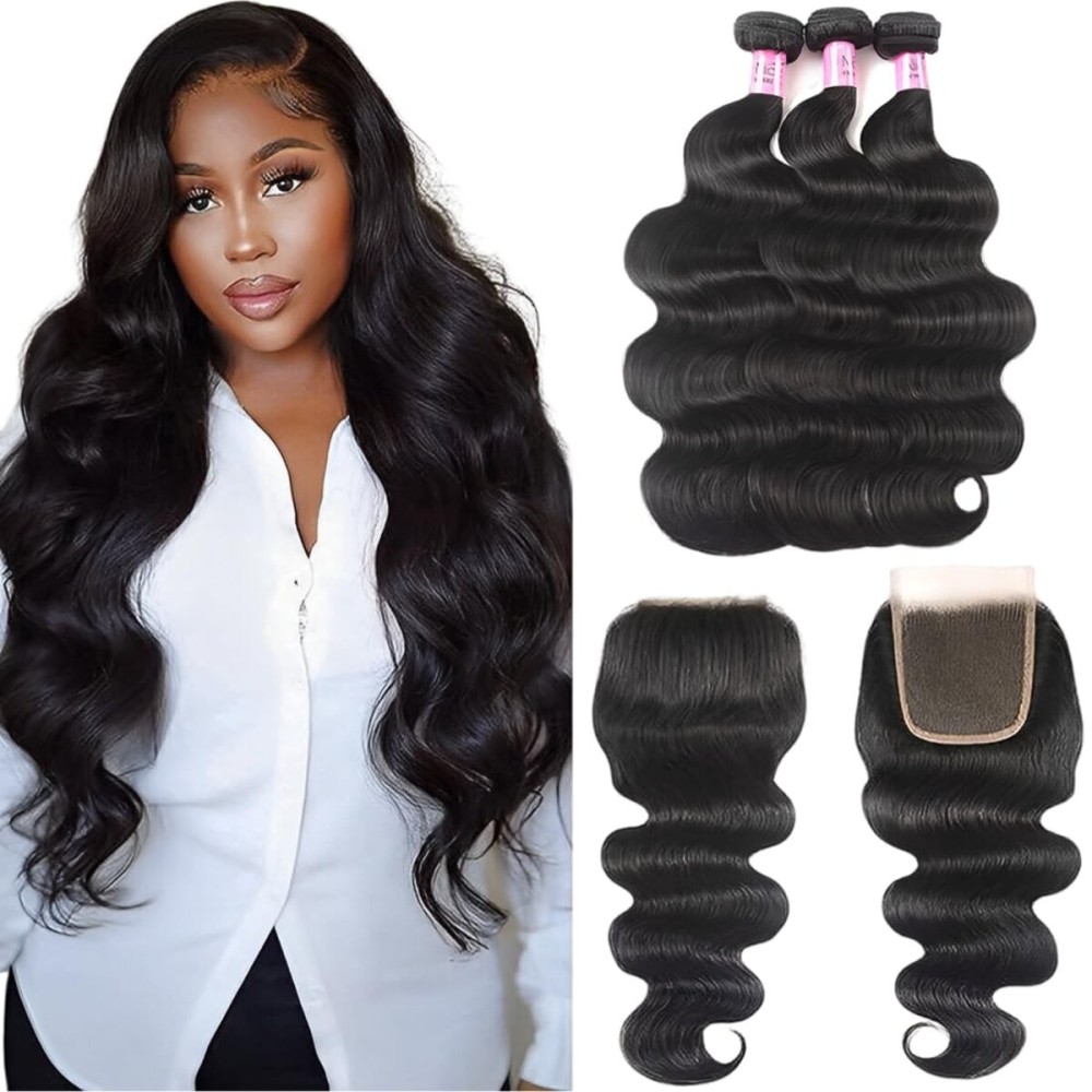 UNice Hair Brazilian Body Wave 3 Bundles with Free Part Lace Closure Unprocessed Virgin Human Hair Weaves Extensions Natural Color (18 20 22+16Closure)