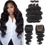 UNice Hair Brazilian Body Wave 3 Bundles with Free Part Lace Closure Unprocessed Virgin Human Hair Weaves Extensions Natural Color (18 20 22+16Closure)