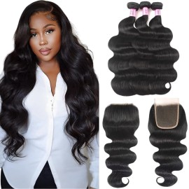 UNice Hair Brazilian Body Wave 3 Bundles with Free Part Lace Closure Unprocessed Virgin Human Hair Weaves Extensions Natural Color (18 20 22+16Closure)