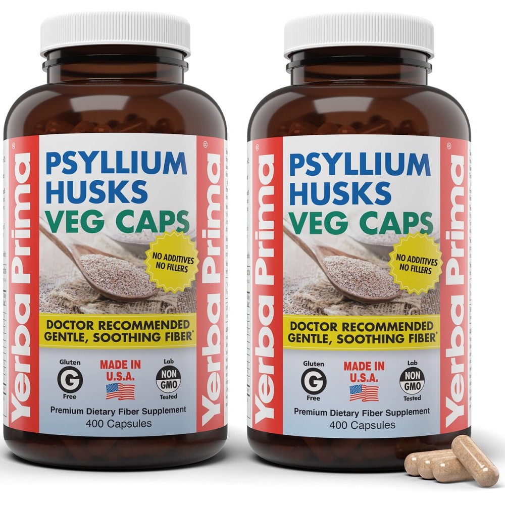 Yerba Prima Psyllium Husks Veg Caps, 400 Capsules (625mg) (Pack of 2) - Vegan, Non-GMO, Gluten Free, Colon Cleanser, Daily Fiber Supplement for Gut Health & Regularity