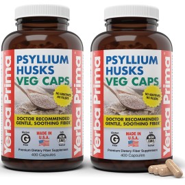 Yerba Prima Psyllium Husks Veg Caps, 400 Capsules (625mg) (Pack of 2) - Vegan, Non-GMO, Gluten Free, Colon Cleanser, Daily Fiber Supplement for Gut Health & Regularity