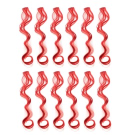 SWACC 12 Pcs Curly Wavy One Color Party Highlights Clip on in Hair Extensions Colored Hair Streak Synthetic Hairpieces (Red)