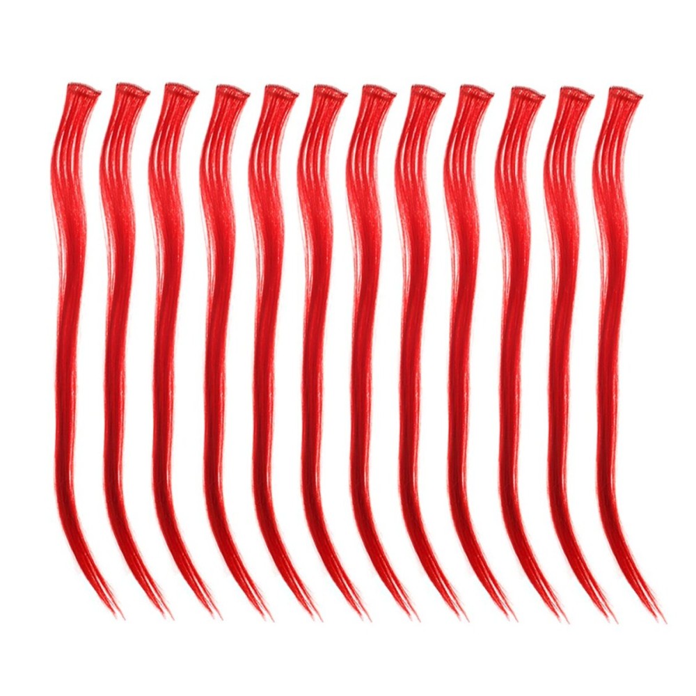 SWACC 12 Pcs Straight One Color Party Highlights Clip on in Hair Extensions Colored Hair Streak Synthetic Hairpieces (Red)