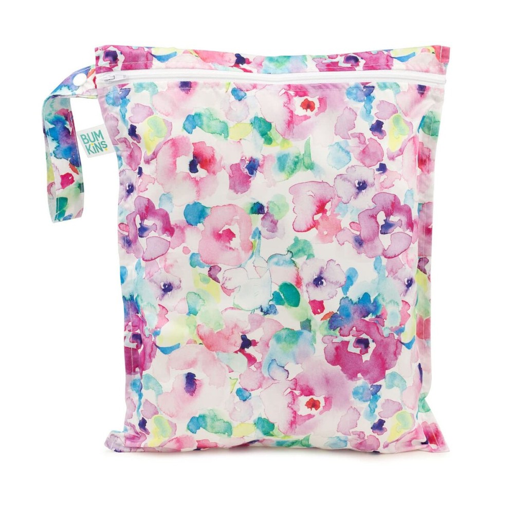Bumkins Waterproof Wet Bag for Baby, Travel, Swim Suit, Cloth Diapers, Pump Parts, Pool, Beach, Gym Clothes, Toiletry, Hook to Stroller, Daycare, Zip Reusable Wetdry Packing Pouch, Watercolors Floral