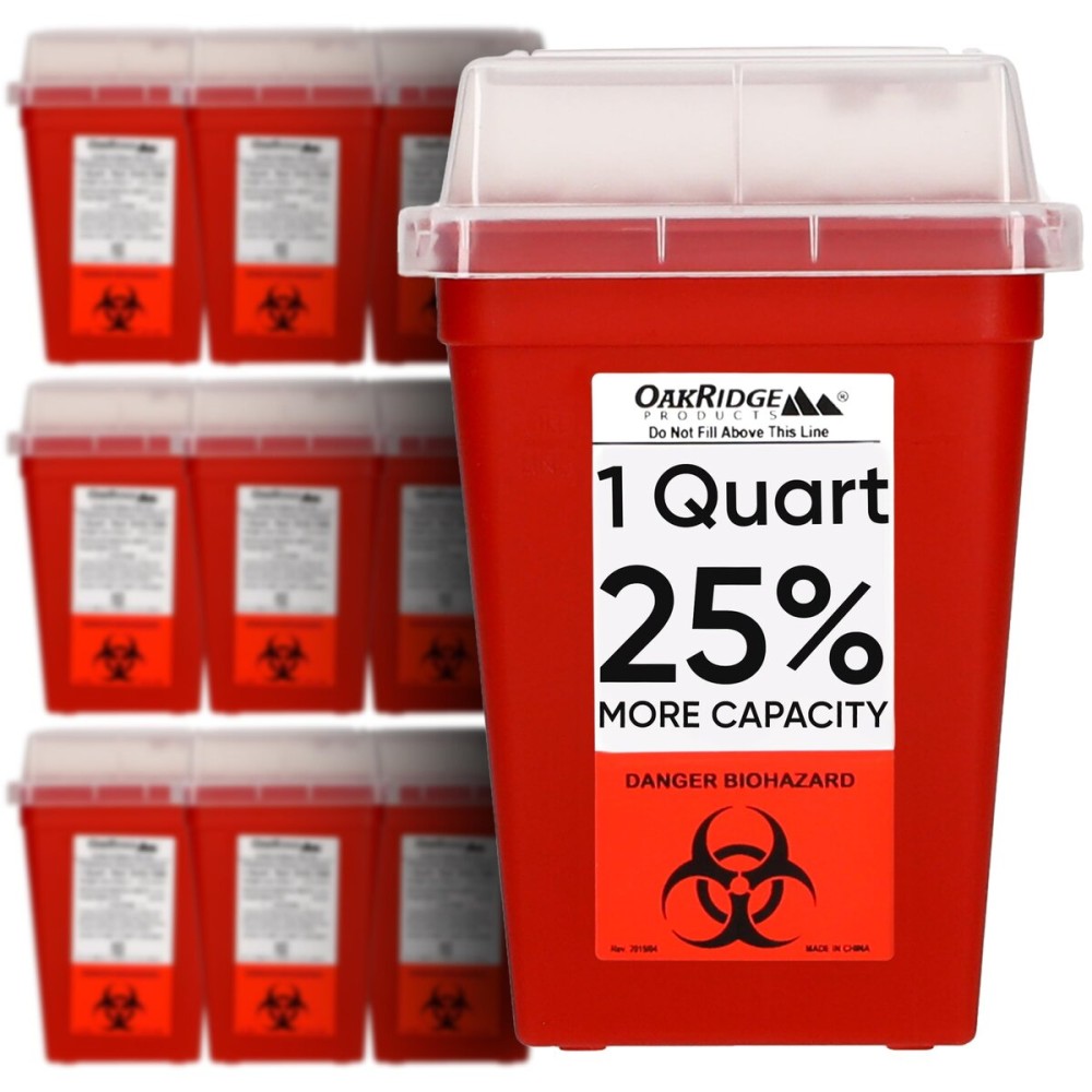 Oakridge Products Sharps Container for Home Use and Professional 1 Quart (10-Pack), Biohazard Needle and Syringe Disposal, Small Portable Container for Travel, CDC Certified