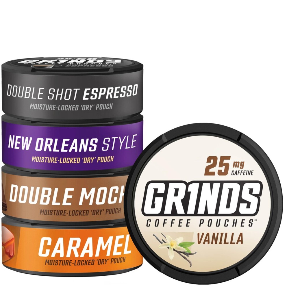 Grinds Coffee Pouches | 5 Can Sampler | Double Shot Espresso, Vanilla, New Orleans, Double Mocha, Caramel | 1 Pouch eq. 1/4 Cup of Coffee