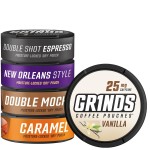 Grinds Coffee Pouches | 5 Can Sampler | Double Shot Espresso, Vanilla, New Orleans, Double Mocha, Caramel | 1 Pouch eq. 1/4 Cup of Coffee