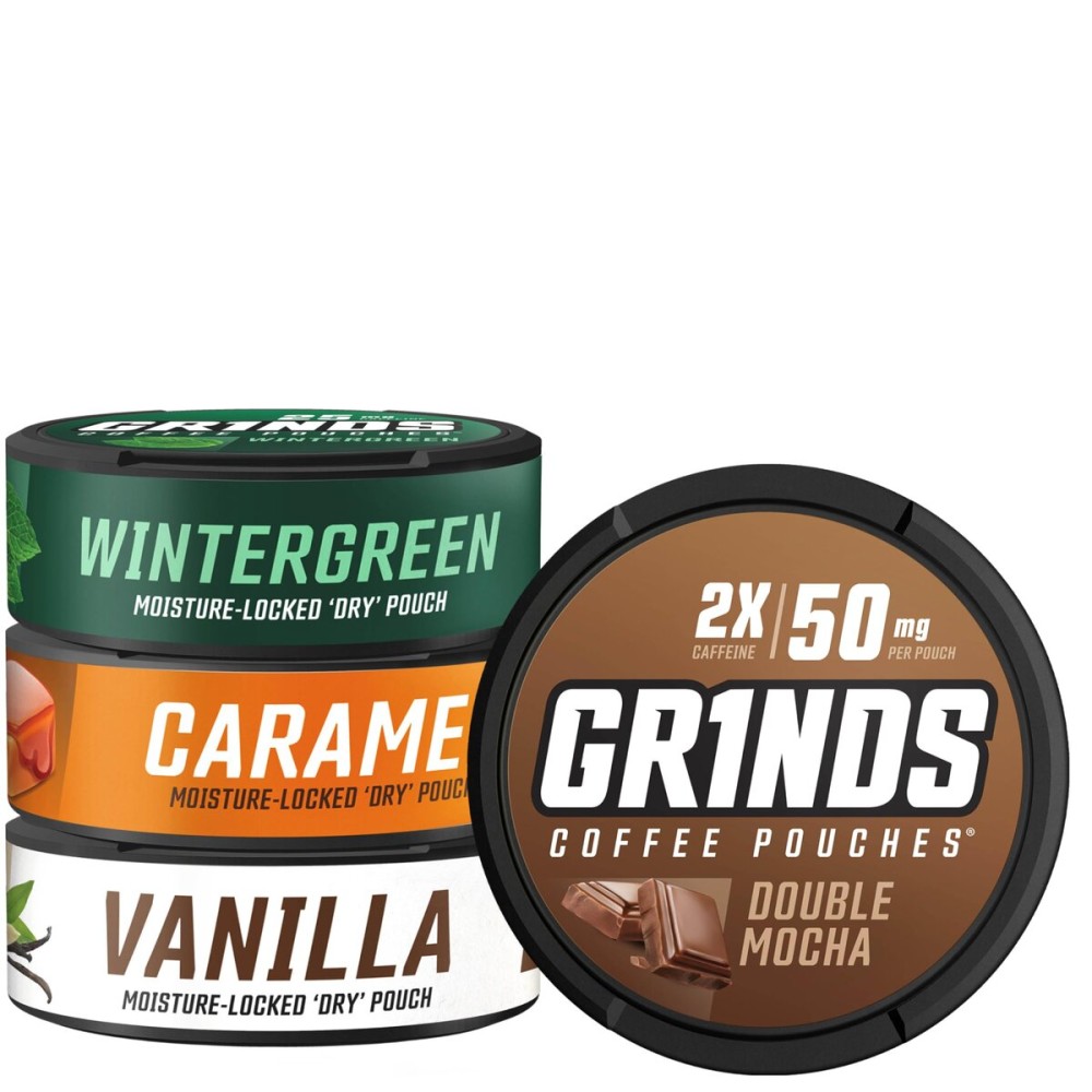 Grinds Coffee Pouches | Top 4 Flavors | Wintergreen, Caramel, Double Mocha, & Vanilla | 1 Pouch eq. 1/4 Cup of Coffee (Top 4 Flavors)