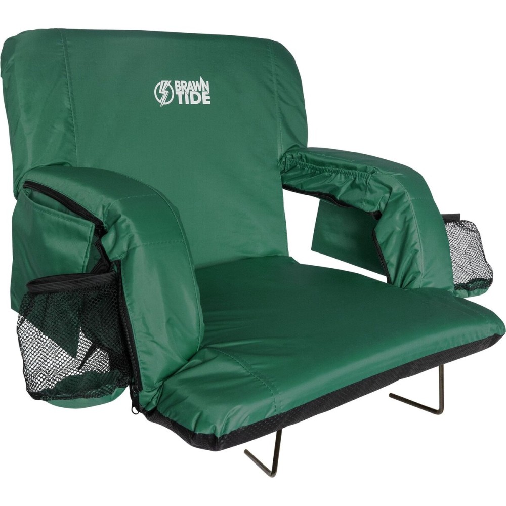 BRAWNTIDE Stadium Chair with Back Support - Comfy Cushion, Thick Padding, 2 Bleacher Hooks, 4 Pockets, Ideal Stadium Seat for Bleachers, Sporting Events, Camping (Green, Regular Size)
